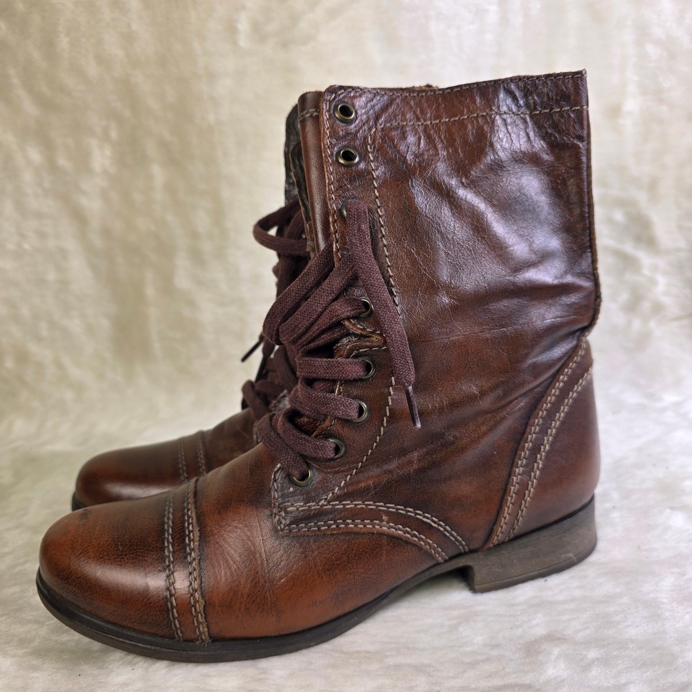 VTG Steve Madden Troopa Combat Boots Brown Leather Lace Up Side Zip Womens 10